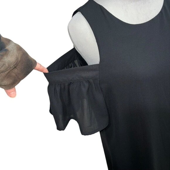 Worthington Women's Size 6 Open Shoulder Mini Dress Ruffle Sleeves Black Lined - Picture 3 of 8